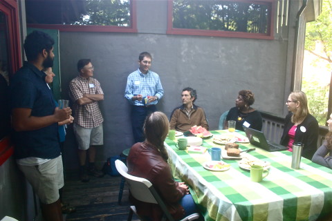 Breakfast and introductions on the back porch.
